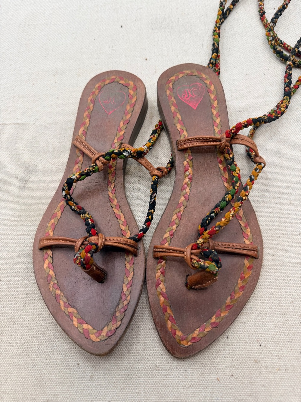 JC Braided Leather Toe-Ring Sandals in Brown with Multicolor Laces